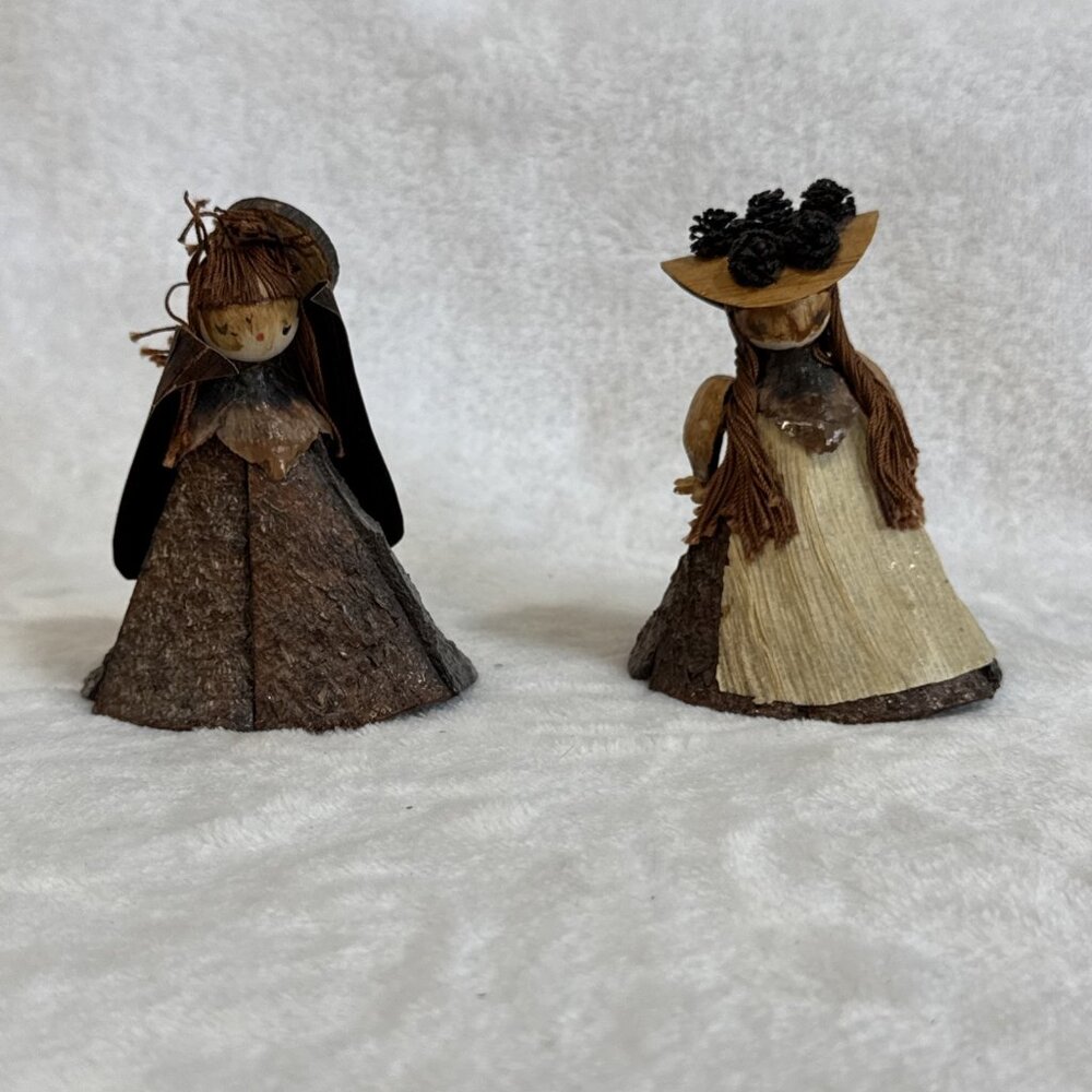Vintage Coconut Fiber Doll Island Folk Art 3.5" Set Of TWO